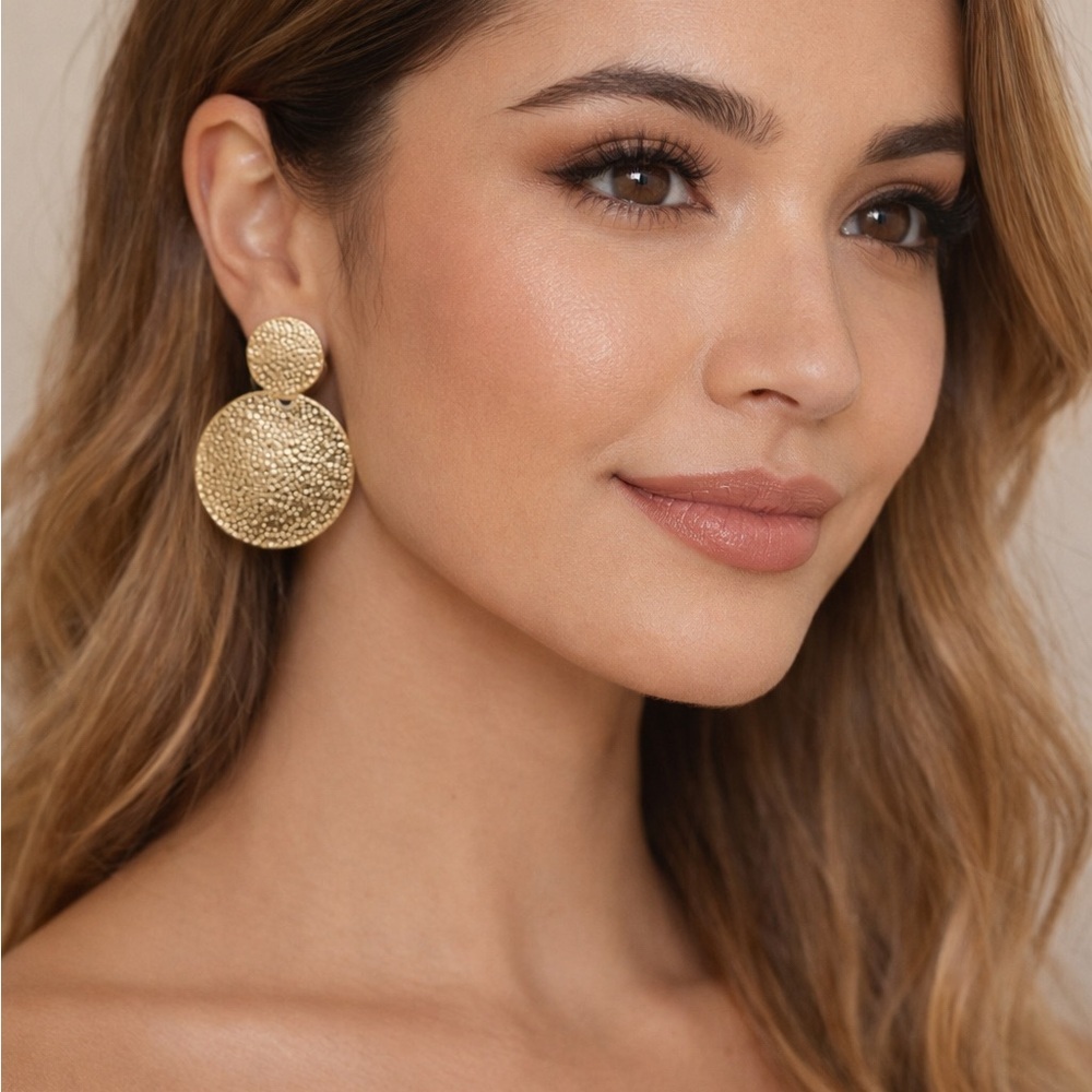 380. Gold Textured Double Disc Drop Earrings